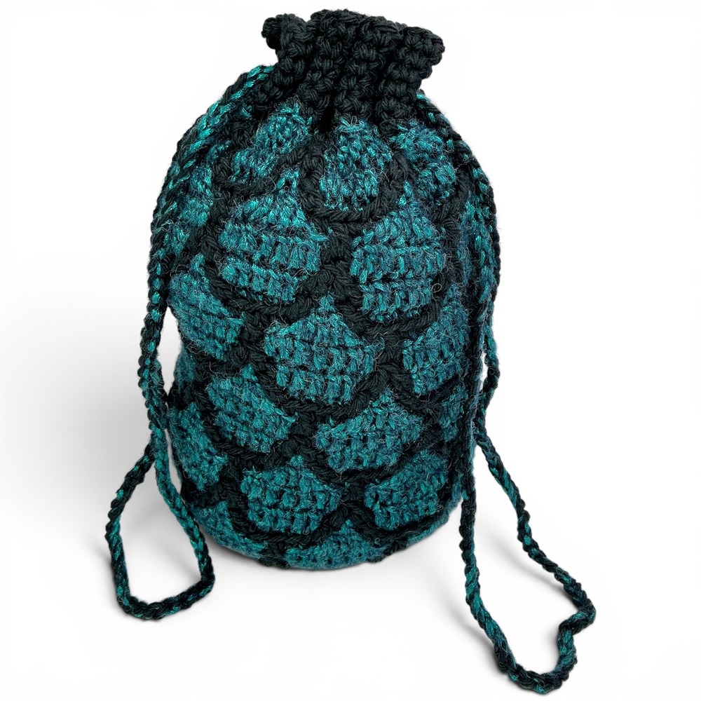 Handmade Teal Black Dragon Egg Pouch Bag Unisex Small Mosaic Crochet Drawstring